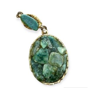 Vintage Green Jade  Stone Gold Tone Pendant Only No Chain‎ Rare Find 2.5"X 1"